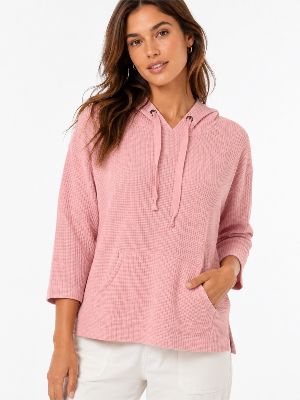 Lilla P Sweater Small Hoodie Waffle Knit Kangaroo Pocket 3/4 Sleeve Peach Glow